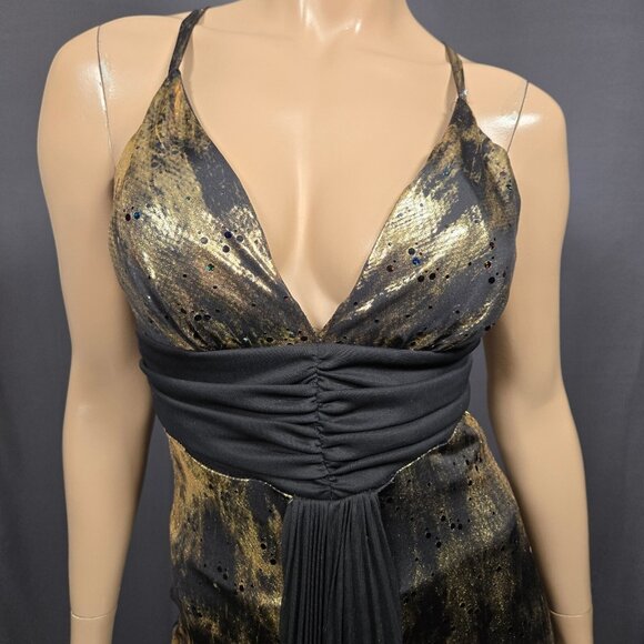 Y2K Art Deco Maxi Dress Womens Size M Gold Glitter Black Slinky Party Cocktail - Picture 2 of 13